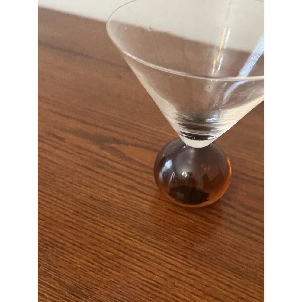 Set of 2 Post Modern Clear Glass Martini Glasses Blue & Amber Ball Base